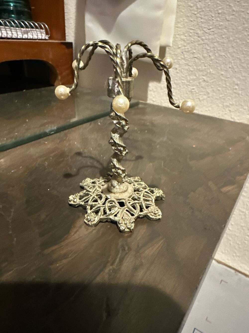 Vintage Colleen Toland Faux Pearl Silver Tone Floral Filigree Jewelry Display Ea